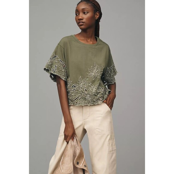 By Anthropologie Boxy Cutwork Tee Blouse Top Floral Embroidered Cotton S 280424 - Picture 1 of 9